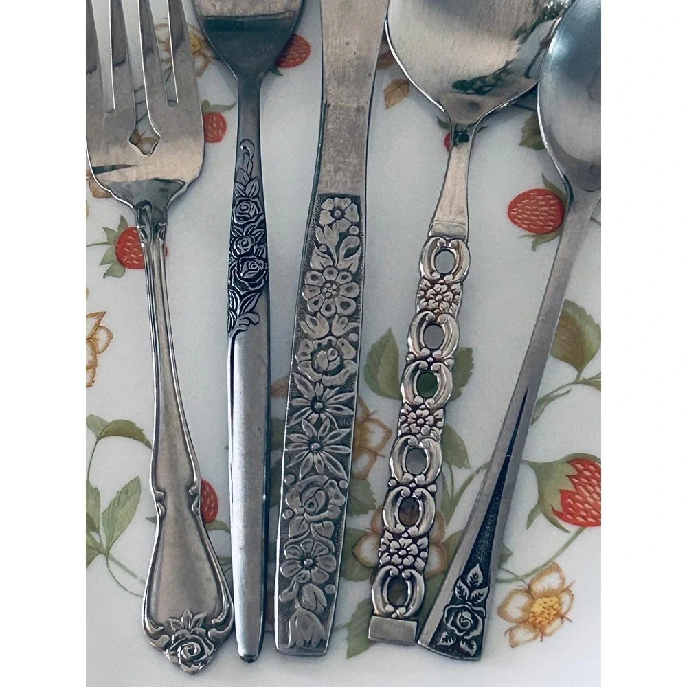 Vintage Mismatched Stainless Flatware Set Service for 4 20pc Floral Boho MCM